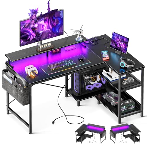 ODK 40 Inch Gaming Desk with USB Power Outlets and LED Lights, Reversible L Shaped Computer Desk with Storage Shelves & Monitor Stand, Corner Home Office Desk Table, Carbon Fiber Surface, Black