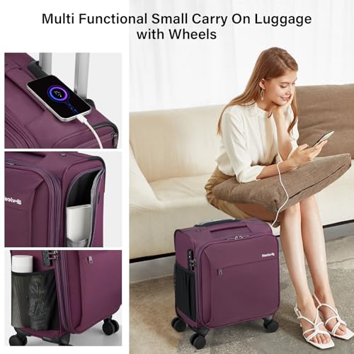 Hanke 16 Inch Underseat Carry On Luggage with Wheels Small Suitcase Softside Luggage Bags for Travel Lightweight Suitcases with Wheels Travel Luggage Personal Item for Men and Women.(Purple)