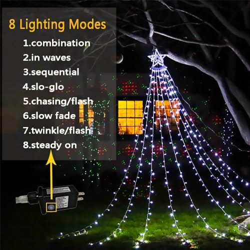 Christmas Lights Outdoor, Aokudoni 12.6ft 8-Lighting Modes Waterfall Lights for Christmas, Outdoor Christmas Decorations for Yard, Christmas Lights for Tree House Holiday Party, Warm White