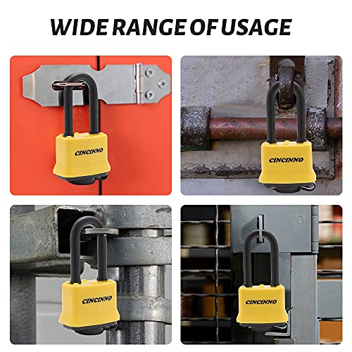 CINCINNO 4 Pack Heavy Duty Covered Laminated Steel Padlocks Keyed Alike, Weatherproof Padlocks with 1-9/16 in. Wide Body, Long Shackle for Gate, Shed, Storage Locker Lock