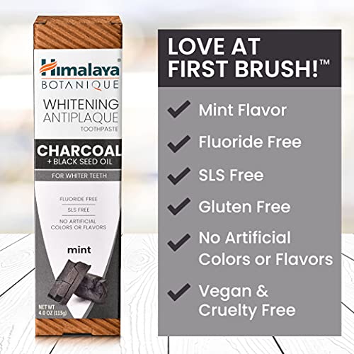 Himalaya Botanique Whitening Antiplaque Toothpaste with Charcoal + Black Seed Oil, Fluoride Free, for Whiter Teeth, 4 oz, 4 Pack