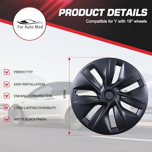 FORAUTOMOD Tesla Model Y 2024 Wheel Covers 19 Inch, Tesla Model Y Hubcaps, Matte Black Wheel Cover HubCaps Compatible with Tesla Model Y 2021-2024, Tesla Model Y Accessories, Set of 4 (Asymmetry)