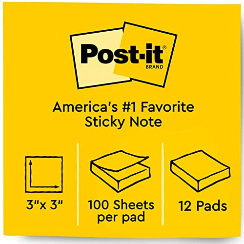 Post-it Notes 3 in x 3 in,2 Pads, America's’s #1 Favorite Sticky Notes, Canary Yellow, Clean Removal, Recyclable (654)