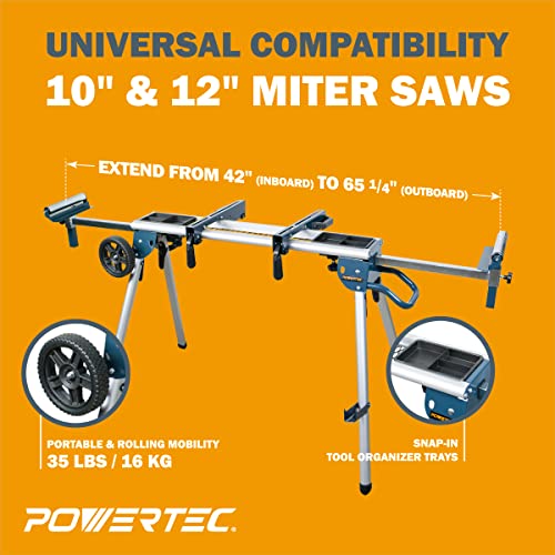 POWERTEC Portable Miter Saw Stand w/ 330Lbs Load Capacity, 8" Wheels and 3-Prong Tripple Outlets, Folding Design for Easy Storage in Garage, Dust Collector Bag Included - Blue (MT4000B)