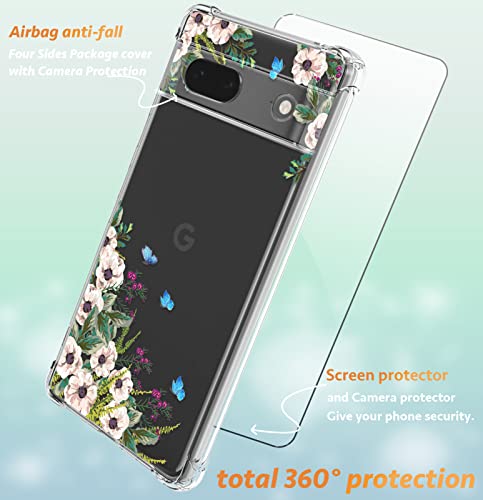 Dcwunk for Google Pixel 8 case with Screen Protector,Lens Protection for Cameras,Soft Shockproof Clear Floral Phone Protective Cover for Women,Flower Pattern Design 6.17"