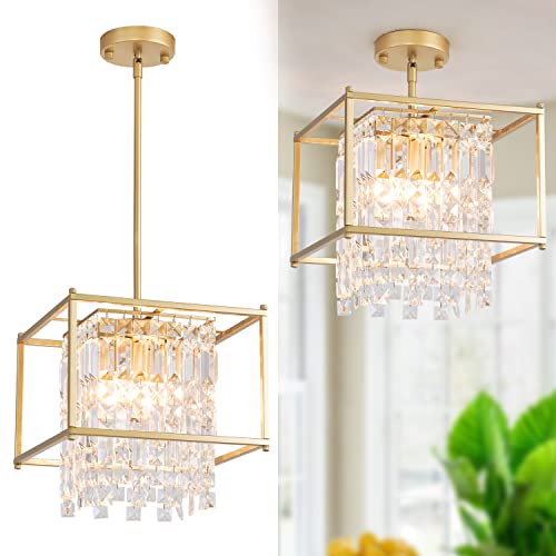 Ejerlya Gold Crystal Chandelier Industrial Pendant Light 11.81 inch Square 4 Lights Modern Vintage Semi Flush Mount Ceiling Light Fixture for Kitchen Island Dining Room Living Room Bedroom