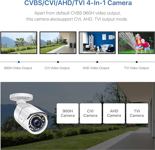 ZOSI 2.0MP 1080p Security Camera 4-in-1 TVI/CVI/AHD/CVBS Surveillance Bullet Camera Indoor Outdoor,120ft Night Vision,Aluminum Metal Housing,Work for 960H,720P,1080P,5MP,4K analog CCTV DVR(White)