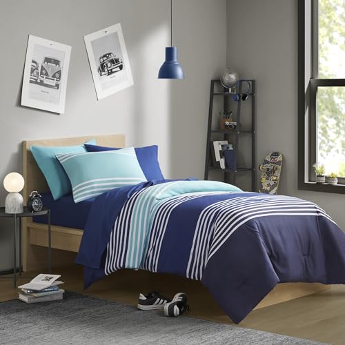 Comfort Spaces Twin Comforter Sets with Sheets - Bed in a Bag 6 Pieces Teen Bedding Sets Twin, Navy and Grey Stripes Bedding Twin, College Twin Bed Set, 2 Side Pockes Bedroom Organizer Twin Navy