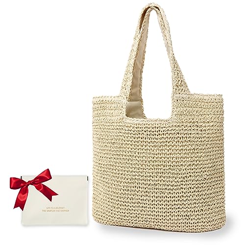 GERYUAEG Large Straw Beach Bag for Women with Coin Purse, Woven Tote Bag Summer bag Travel Shoulder Handbag (Beige)