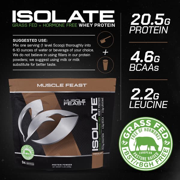 Muscle Feast Grass-Fed Whey Protein Isolate, All Natural Hormone Free Pasture Raised, Chocolate, 5lb (94 Servings)