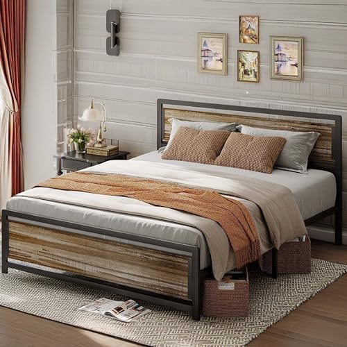 Gizoon Queen Metal Platform Bed with Wooden Headboard, 15 Inch Iron Slats, Large Under-Bed Storage, No Noise, No Box Spring Needed, Easy Assembly, Grey