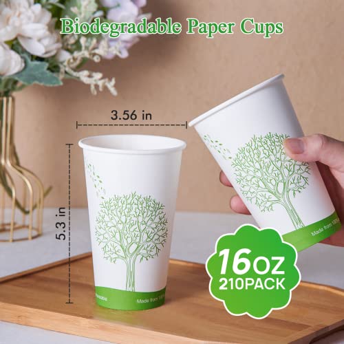 ECOLipak 210 Count 16 oz Compostable Cups, Biodegradable Disposable Paper Cups with PLA Lined, Eco-friendly Paper Coffee Cups for Party, Picnic,Travel,and Events