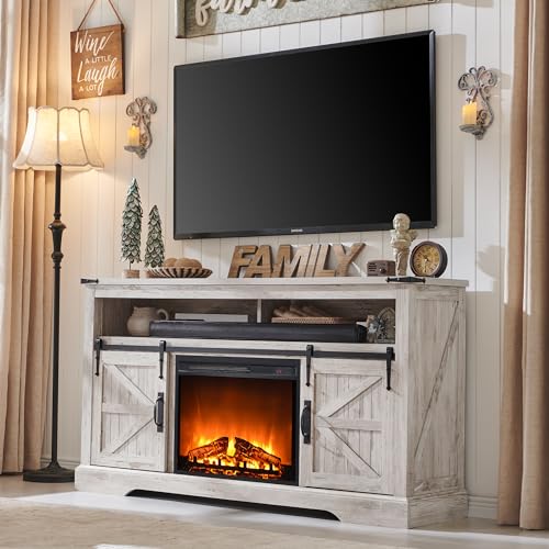 OKD Fireplace TV Stand for 65+ Inch TV, 33" Tall Highboy Farmhouse Entertainment Center w/ 23'' Electric Fireplace, Rustic Media Console w/Sliding Barn Door for Living Room, Antique White