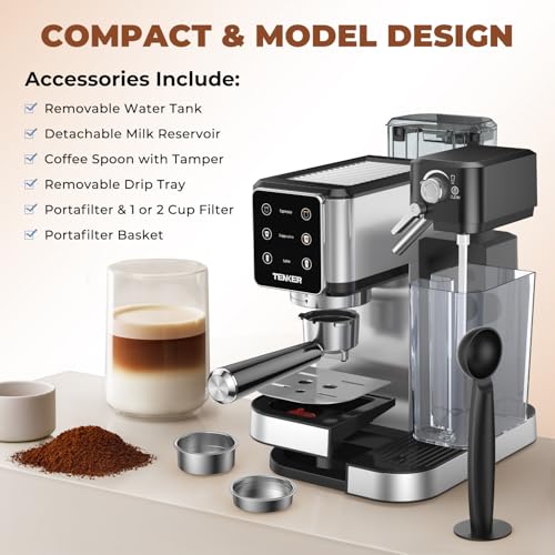 TENKER Espresso Machine 20 Bar, Cappuccino Machine with Automatic Milk Frother, Latte Machine in Stainless Steel Design, 1350W Touchscreen Coffee Maker for Home and Office (Silver)