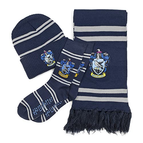 Culture Fly Harry Potter Ravenclaw Premium Knit Scarf Beanie Socks 3pc Winter Bundle Gift Set