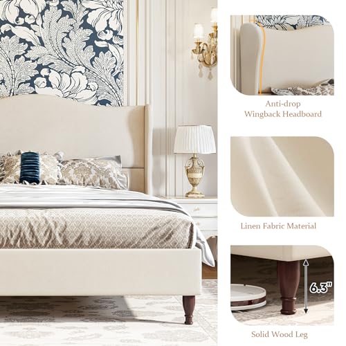 koorlian Full Size Bed Frame Upholstered Platform Bed with 51" Tall Headboard Wingback, Soft Fabric, Retro Simple Style Platform Bed No Box Spring Needed, Easy Assembly, Beige