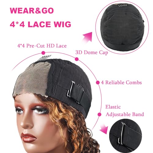 Fronbanis Chocolate Brown Glueless Wigs Human Hair Pre Plucked Pre Cut 180% Density Closure Wigs Human Hair Bob Wig Curly Human Hair Wig Wear and Go Glueless Wig for Women 16 Inches