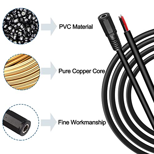 XMSJSIY 5.5mm x 2.1mm DC Power Pigtail Cable,5521 DC Female Plug to Bare Wire Open End Power Wire, 16AWG 24V DC Power Supply Repair Cable for CCTV Security Camera DVR LED Strip Light 3M -1PCS