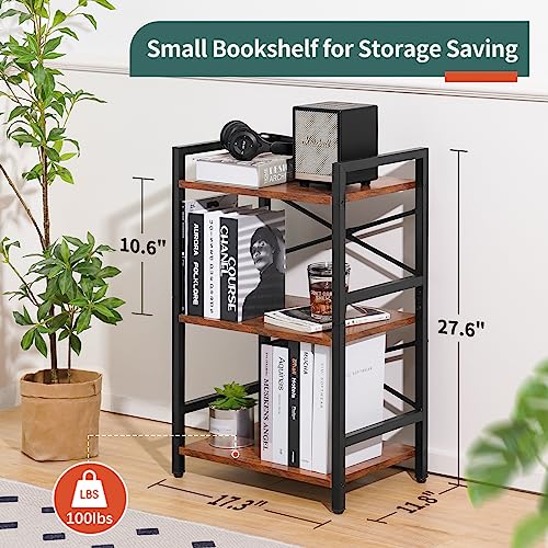 Yoobure Bookshelf Small Book Shelf, Solid Industrial 3 Tier Shelf Bookcase, Short Book Case for Bedroom, Living Room, Office Home, Small Spaces, Berry Brown