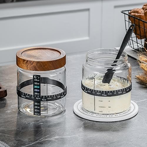 Wissy&Konny Sourdough Starter Jar 35OZ with Ounce Scale Line,Date Marked Feeding Band, Thermometer, Sourdough Jar Scraper, Cloth Cover & Wood Lid, Wide Mouth for Sourdough Bread Baking