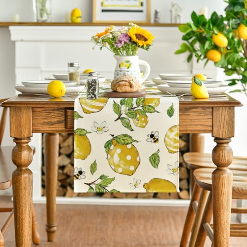 Artoid Mode Lemon Bee Leaves Summer Table Runner, Seasonal Spring Kitchen Dining Table Decorations for Home Party Decor 13x36 Inch