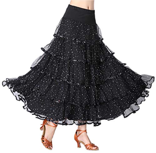 CISMARK Elegant Sequins Long Swing Ballroom Latin Dance Skirt for Girls(Black)