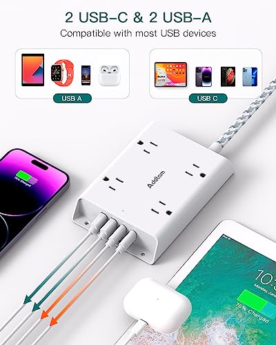 Surge Protector Power Strip, Addtam 5 ft Flat Plug Extension Cord with 4 USB Wall Charger(2 USB C Port), 4 Widely Outlets Desk Charging Station, Home Office and College Dorm Room Essentials