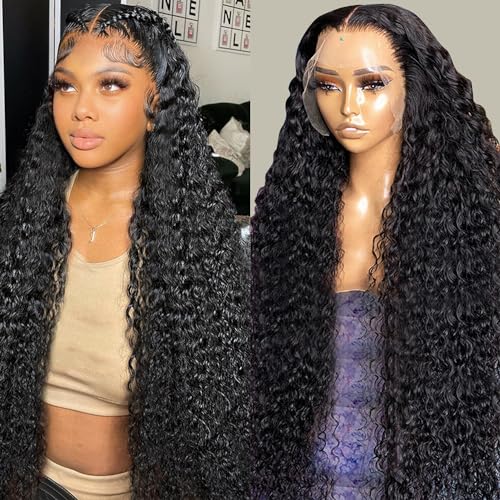 13x6 Deep Wave Lace Front Wigs Human Hair Pre Plucked Deep Curly HD Transparent Lace Frontal Wigs Human Hair 180% Density Wigs for Women Human Hair Glueless with Baby Hair Natural Color (22 Inch)