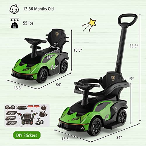 Costzon Push Cars for Toddlers, 3 in 1 Licensed Lamborghini Stroller Sliding Walking Car w/Handle, Armrest Guardrail, Underneath Storage, Horn, Foot-to-Floor Ride On Toy for Boys Girls (Green)