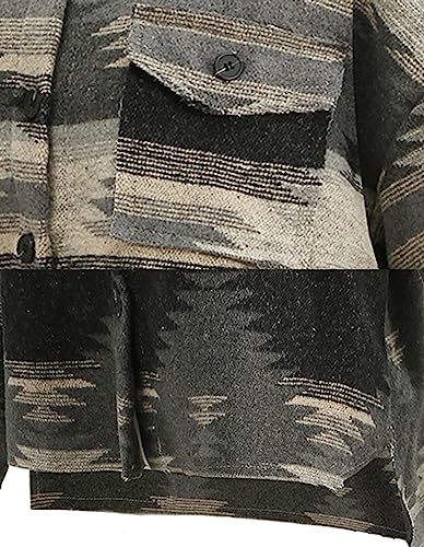 COWOKA Women's Vintage Aztec Print Pattern Loose Shacket Button Down Long Sleeve Woolen Jacket Shirts Coat Black S
