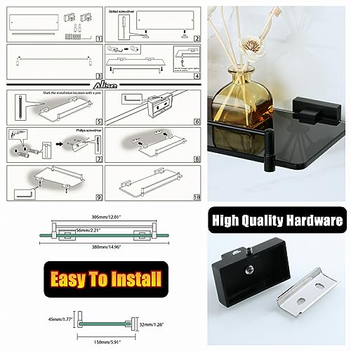 Alise Bathroom Shelves Glass Shelf with Guard Bar Wall Mount,Floating Shelves for Bathroom,SUS 304 Stainless Steel Tempered Glass Rack Holder Storage Organizer,GOY380X130-B Black