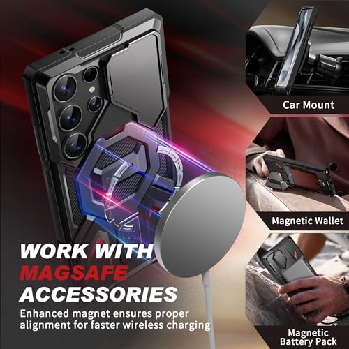 TONGATE for Samsung Galaxy S24 Ultra Case Compatible with MagSafe, [Ring Stand & Camera Cover Kickstand] Drop Shockproof Rugged Protection Phone Case for S24 Ultra with Screen Protector 6.8", Black