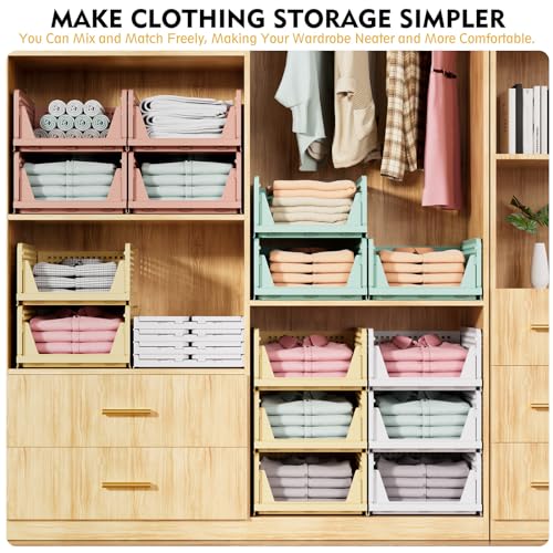 SNSLXH 5 Pack Stackable Closet Storage Basket, Multifunctional & Foldable Closet Organizer for Bathroom Kitchen Laundry Room Wardrobe Storage, Space-Saving Clothes Storage Drawer Organizer, Green