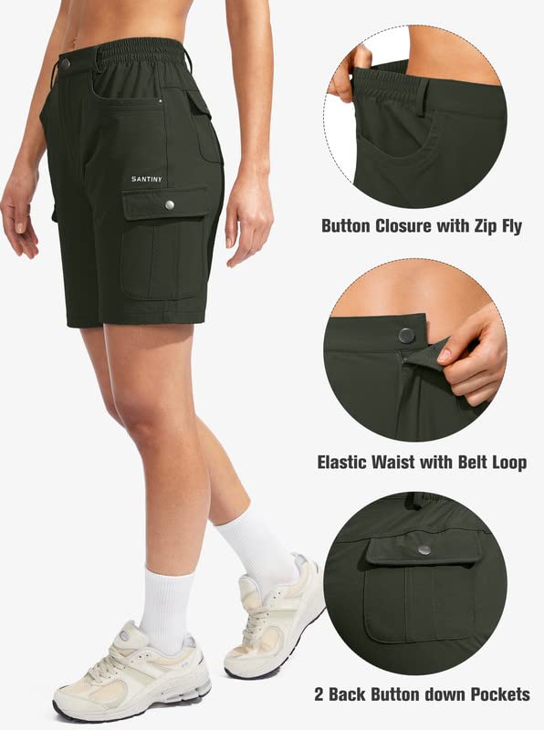 SANTINY Women's Hiking Cargo Shorts with 7 Pockets Lightweight Quick Dry 7 Inch Long Golf Shorts for Women Casual Summer (Khaki_L)