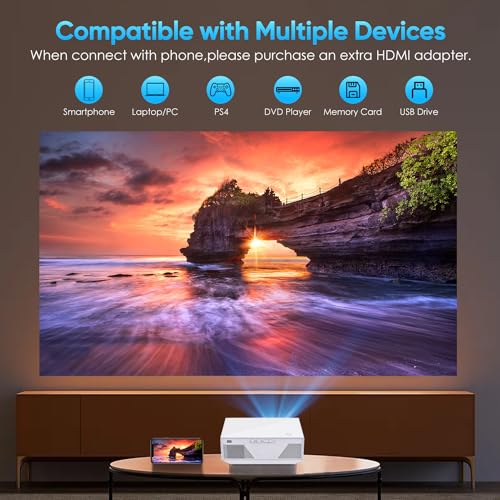 Projector with Wifi and Bluetooth, Native 1080P 18000 Lumens Mini Projector, Portable Projector Video Projector Compatible with iOS/Android/TV Stick/PS4/HDMI/PPT/USB(White)