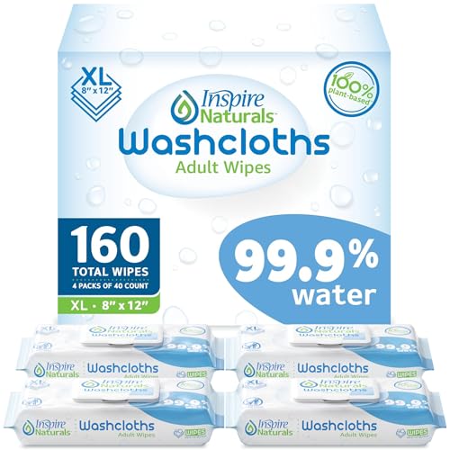 Inspire Naturals 99.9% Water Based Wet Wipes For Adults | Plastic Free Adult Wipes Extra Large Unscented | Disposable Washcloths For Adults Incontinence Body Wipes Elderly (99.9% Water 400 Ct)