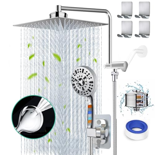 Filtered Shower Head 8" Rain Shower Head with Handheld Spray Dual Filter for Hard Water Rainfall Showerhead with 10 Setting Handheld Built-in 2 Power Wash +12" Shower Extension Arm,79" Hose & 4 Hooks