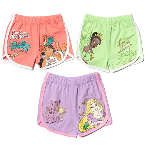 Disney Princess Tiana Rapunzel Moana Little Girls French Terry 3 Pack Shorts Green/Pink/Purple 6-6X