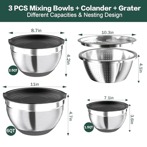 Mixing Bowls with Airtight Lids, Stainless Steel Mixing Bowl Set with 3 Metal Nesting Bowls, Colander & Grater, Non-Slip Bottoms, Size 1.5, 2.5, 6 QT, Great for Mixing & Serving, Black