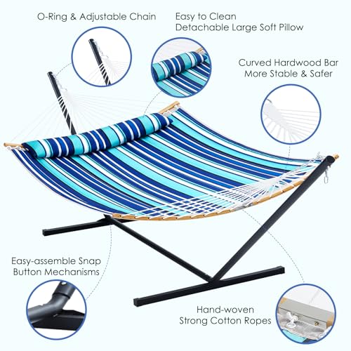 Touchat Double Hammock with Stand Heavy Duty, 480 LB Capacity Two Person Portable Hammock with Pillow, Curved-Bar, Portable Storage Bag, Anti-Rollover Design for Outside & Indoor