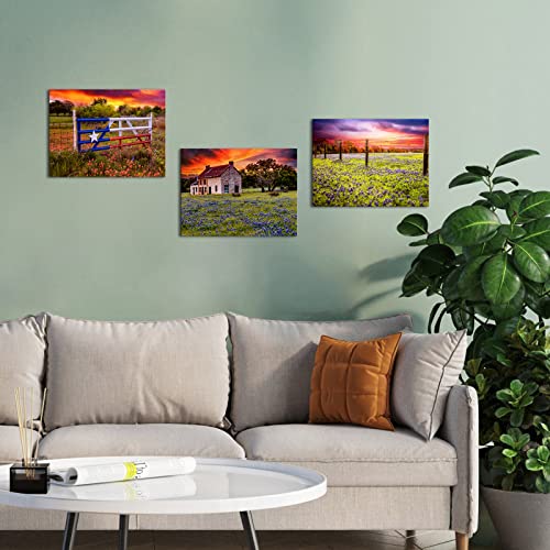 OuElegent Texas Farm Canvas Wall Art Bluebonnet Field Prints Farmhouse Landscape Painting Pictures for Living Room Kitchen Bedroom Office Home Decor Ready to Hang 3 Panels (small)