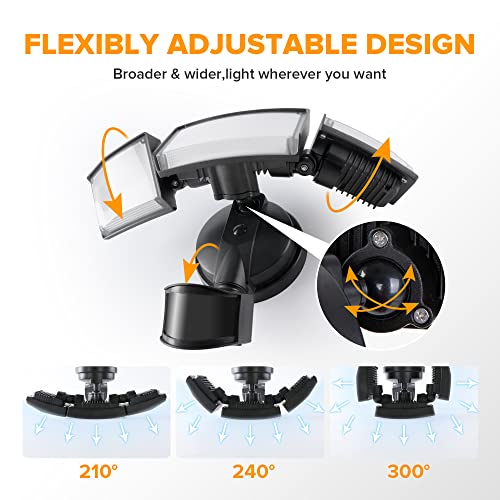 LUTEC 72W 6300LM LED Security Lights Motion Sensor Light Outdoor, 5000K Daylight, IP65 Waterproof, Dusk to Dawn, 3 Head Motion Detected Flood Light for Garage, Yard, Porch(Black)
