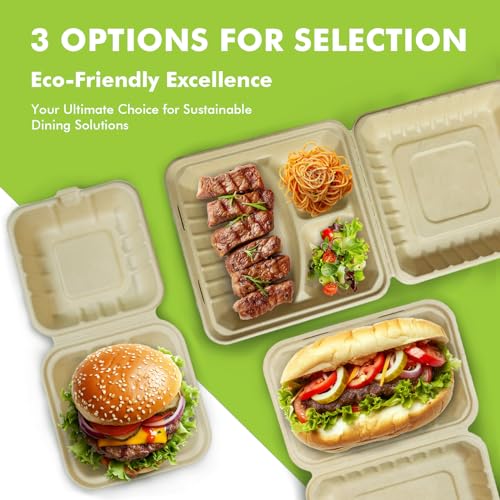 yoyomax [6x6-200Pack] 100% Compostable To Go Food Containers with Lids, Burger Box Take Out Clamshell Container, Bio Disposable | Eco Friendly | Heavy-Duty Boxes, Made of Sugarcane Fibers