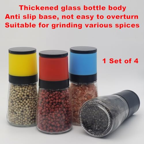 ANDONG Salt and Pepper Grinder Set of 4,Salt Grinder Refillable Manual,Pepper Mill Salt Mill with Adjustable Coarseness,Glass Salt and Pepper Shakers Set with Lids