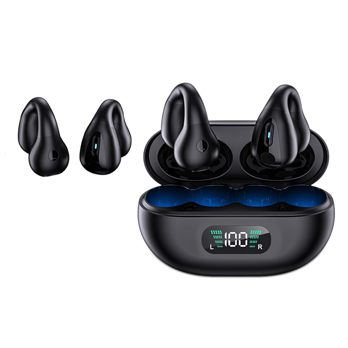 Wireless Ear Clip Skeleton Conduction Headphones, Premium Open Ear Headphones Wireless Bluetooth, Skeleton Conduction Bluetooth Earphones for Running, Sports, Cycling (Black Battery Display)