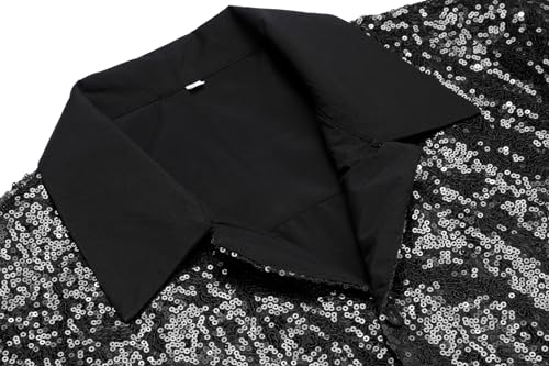 AstoSeu Men's Sequin Dress Shirt 70s Disco Costume Sparkle Party Short Sleeve Button Down Shirts Black M