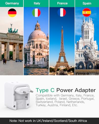 European Travel Plug Adapter, Foldable International Power Plug Adapter with 2 AC Outlets 3 USB Charging Ports(2 USB C), Type C Plug Adapter Travel Essentials, 1 Pack