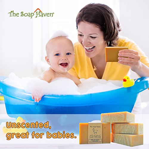 4 Goat Milk Soap Bars with Honey - Handmade in USA. All Natural Soap - Unscented, Fragrance Free, Fresh Goats Milk. Wonderful for Sensitive Skin and Babies. SLS, Paraben, GMO-Free.