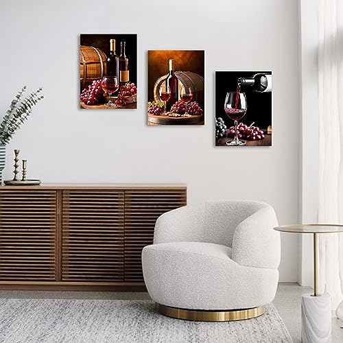 QIXIANG Kitchen Canvas Wall Art 3 PCS Romantic Blue Wine Grape Rose Flowers Eiffel Tower Pictures Prints for Restaurant Bar Decor Framed (Blue, 11.00" x 14.00" x3Pcs)