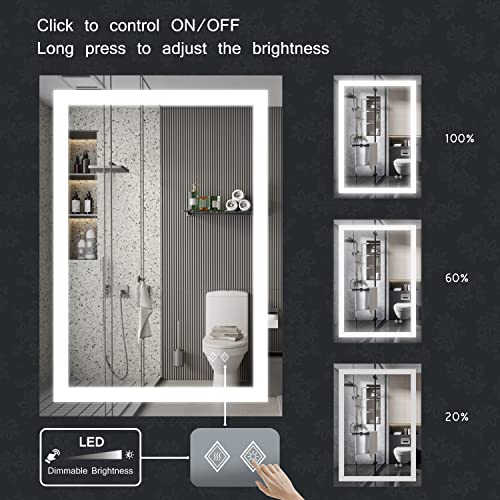 VanPokins LED Mirror, 55x36 Inch Gradient Front and Backlit Lighted Bathroom Mirror, 3 Colors Dimmable CRI>90 Double Lights, IP54 Enhanced Anti-Fog, Hanging Plates Wall Mount Bathroom Mirror